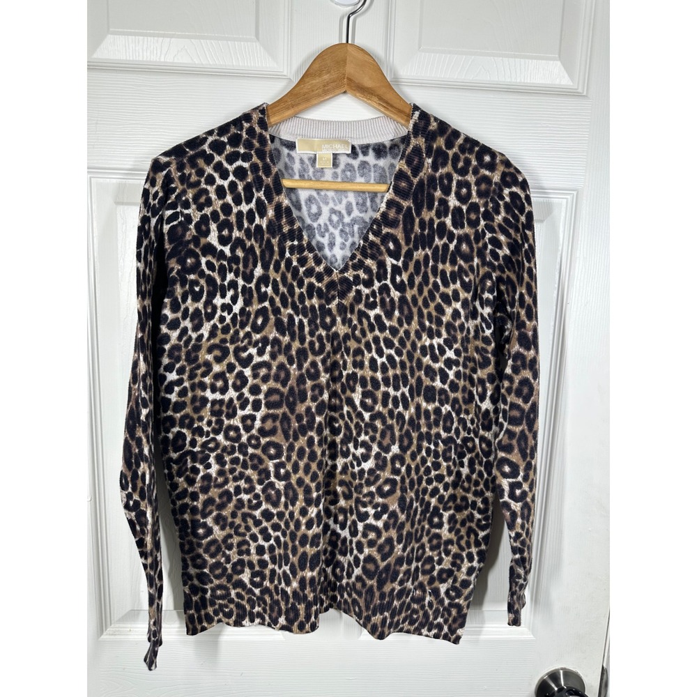 Michael Michael Kors Sweater Womens M Brown Leopard V-Neck Animal Print Knit Top